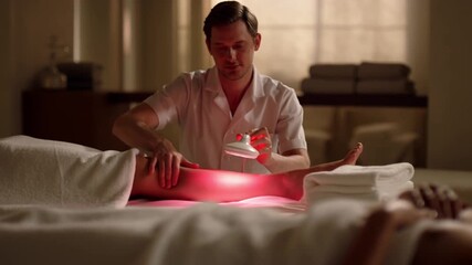 Therapist performing a therapeutic treatment on a person's leg at a spa setting Stock Video