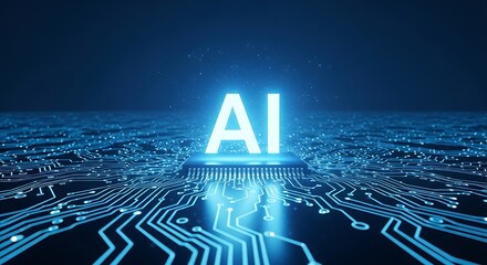 Glowing ai text illuminated on a futuristic circuit board, symbolizing artificial intelligence and technology