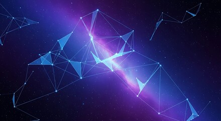 Abstract digital network of glowing blue lines and nodes against a vibrant purple and blue cosmic background with light streaks