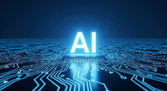 Glowing ai text illuminated on a futuristic circuit board, symbolizing artificial intelligence and technology