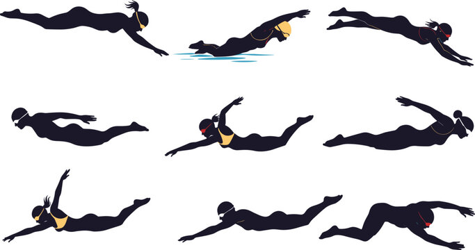 Butterfly stroke swimmer, swimming technique, water sport, swim cap, goggles, athletic motion, pool training, swimmer silhouette, vector illustration, aquatic movement, competitive swimming