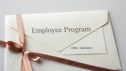 Elegant envelope for employee program with pink ribbon and assistance card on a marble surface.