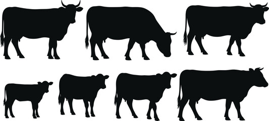 Black silhouette illustration of cows and calves standing and grazing, vector artwork for agriculture, livestock, dairy farming, rural animal, and farm life concept design