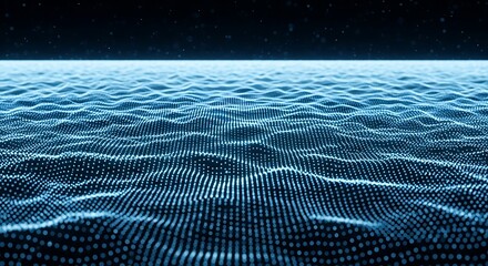 Abstract digital ocean waves with glowing blue particles and a starry horizon, representing data flow and technology