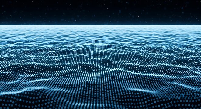 Abstract digital ocean waves with glowing blue particles and a starry horizon, representing data flow and technology