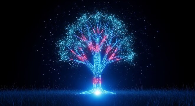 A glowing digital tree made of blue and red particles, symbolizing technology and growth, set against a dark background