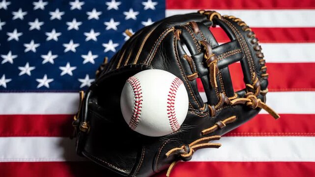 Baseball Glove and Ball on American Flag Representing American Sport.