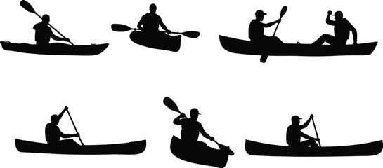 Canoe kayak silhouettes, paddling poses, black vector clipart, water sports icons, outdoor activity, adventure design, recreation illustration, motion graphics
