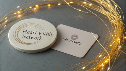 Heart Within Network Concept with Resonance Card Surrounded by Warm Glowing Lights on a Modern Gray Surface
