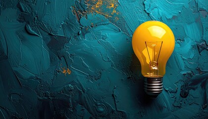 Lit bulb on textured blue background
