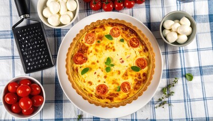 Tart on gingham cloth, food prep