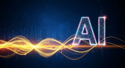Abstract glowing ai text with futuristic digital wave patterns on a dark blue background, representing artificial intelligence and technology