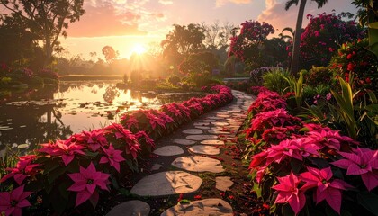 Lush garden path at sunrise or sunset