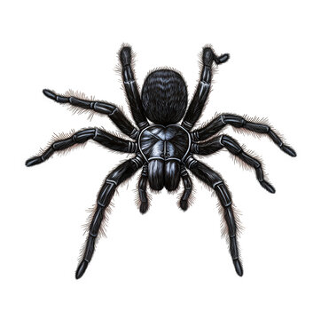 Illustration of a black funnelweb spider isolated on transparent background, showcasing its eight legs, bulbous abdomen, and distinctive spinnerets in detail
