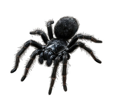 Detailed illustration of a black funnelweb spider isolated on transparent background, displaying its hairy legs, glossy carapace, and menacing posture in high resolution