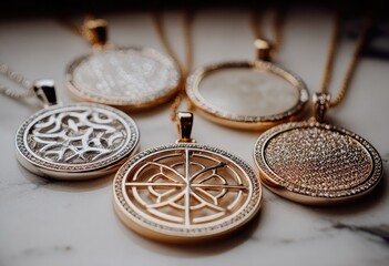 A collection of five intricately designed gold and silver pendants, each with unique patterns, displayed on a light surface.