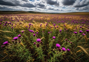 Fototapeta premium Vast golden wheat field dotted with purple thistle under a dramatic stormy sky.