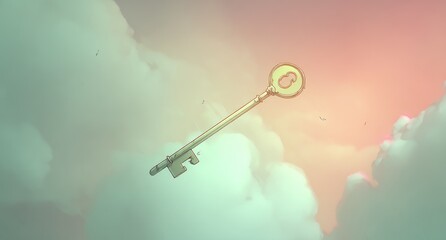 A Golden Key Floating in a Dreamy Pastel Sky.