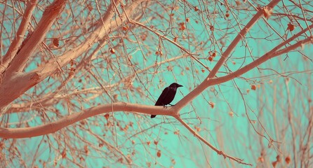 A lone crow perched on a bare tree branch against a teal sky.