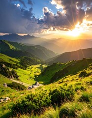 Sunny vista overlooking green mountains