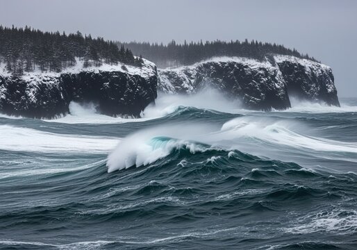 Turbulent dark ocean waves breaking near snow covered rocky coastline during winter storm - Powered by Adobe