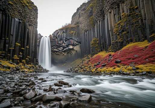 Powerful waterfall cascading down dark hexagonal basalt columns into a rocky river - Powered by Adobe