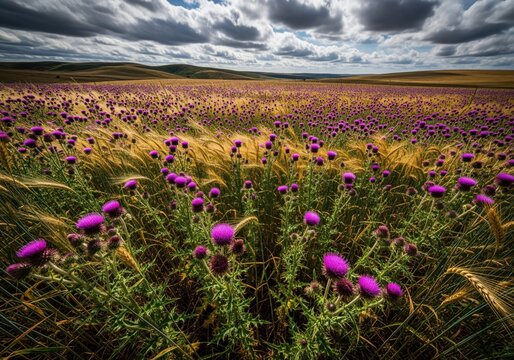 Vast golden wheat field dotted with purple thistle under a dramatic stormy sky. - Powered by Adobe