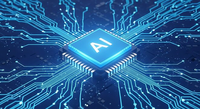 Abstract representation of artificial intelligence chip with glowing blue circuits on a dark background, symbolizing advanced technology and data processing