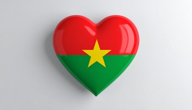 "Heart-shaped emblem featuring Burkina Faso national flag – red and green horizontal bands with central yellow star, symbolizing patriotism, pride, and cultural love" - Powered by Adobe