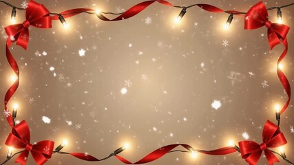 A festive holiday background with red ribbons, bows, and glowing string lights framing a snowy beige backdrop, perfect for seasonal greetings. - Powered by Adobe