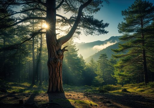 Dramatic sun rays pierce the misty pine forest illuminating a large tree trunk - Powered by Adobe