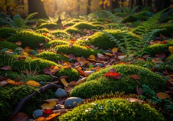 Tranquil autumn forest floor covered in vibrant green moss and colorful fallen leaves
