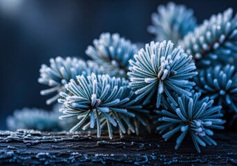 Macro view of sharp blue spruce fir needles covered in thick white winter frost