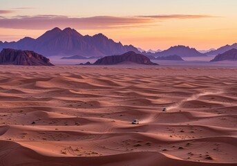 Naklejka premium Off road vehicles driving across vast desert dunes at sunrise with majestic mountains.