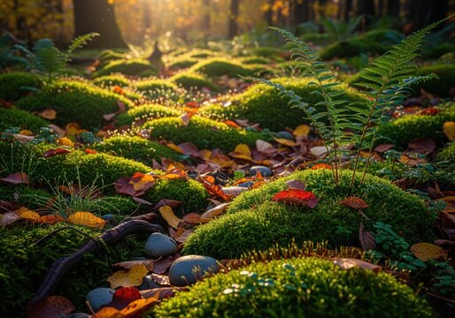 Tranquil autumn forest floor covered in vibrant green moss and colorful fallen leaves - Powered by Adobe