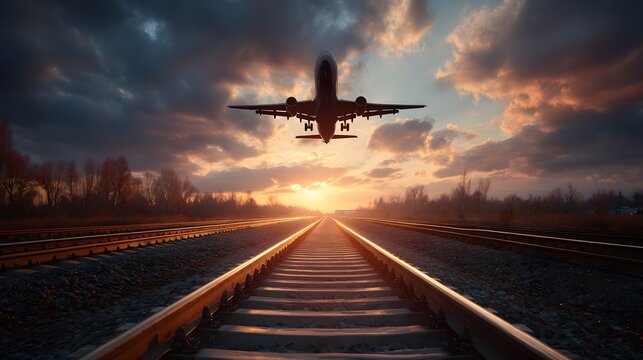 Commercial aircraft ascends into a dramatic sunset sky above converging railroad tracks in a rural setting.