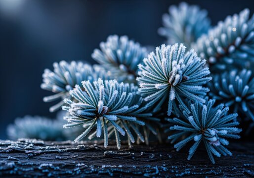 Macro view of sharp blue spruce fir needles covered in thick white winter frost