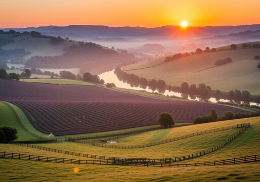 Vibrant golden sunrise over a misty rural valley featuring a river and lavender fields.