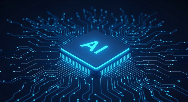 Abstract digital illustration of a glowing blue ai chip with intricate circuitry, symbolizing artificial intelligence and technology