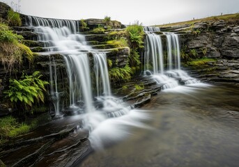 Fototapeta premium Serene multi level waterfall cascading over dark slate rocks with long exposure effect.
