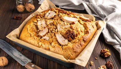 Fresh baked bread with walnuts and poultry