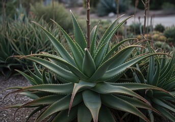 Obraz premium Thick jade green leaves of a robust aloe vera plant thriving in a natural garden