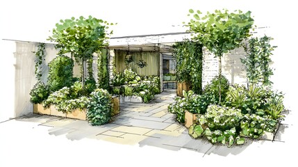 Hand-drawn architectural rendering depicts a lush contemporary courtyard garden design.