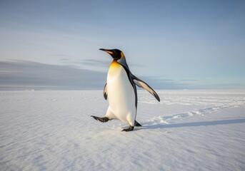 Obraz premium Majestic king penguin walking across the pristine snow covered antarctic landscape.