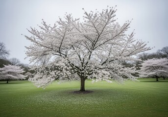 Obraz premium Picturesque cherry blossom tree in peak bloom on a lush green lawn under soft sky.