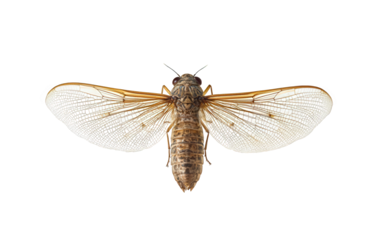 A mayfly isolated on transparent background, showcasing its delicate wings, slender body, and aquatic origins, representing a short lifespan and ecological importance