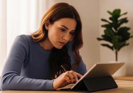 Focused young woman using a tablet device for remote work or online study indoors.