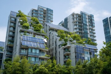 Building with a green roof and solar panels