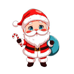 Ready for the big night! This cheerful, cartoon Santa Claus is holding his candy cane and big blue sack of toys, preparing to bring smiles around the world.