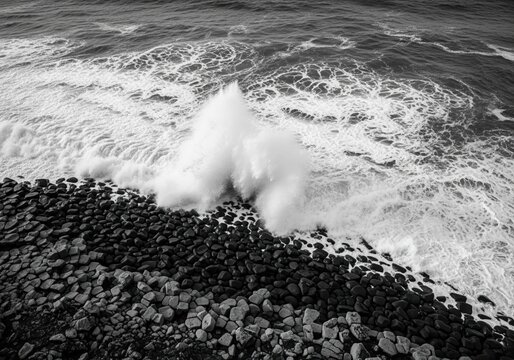 Dramatic monochrome aerial view of violent ocean surf breaking over dark volcanic rocks